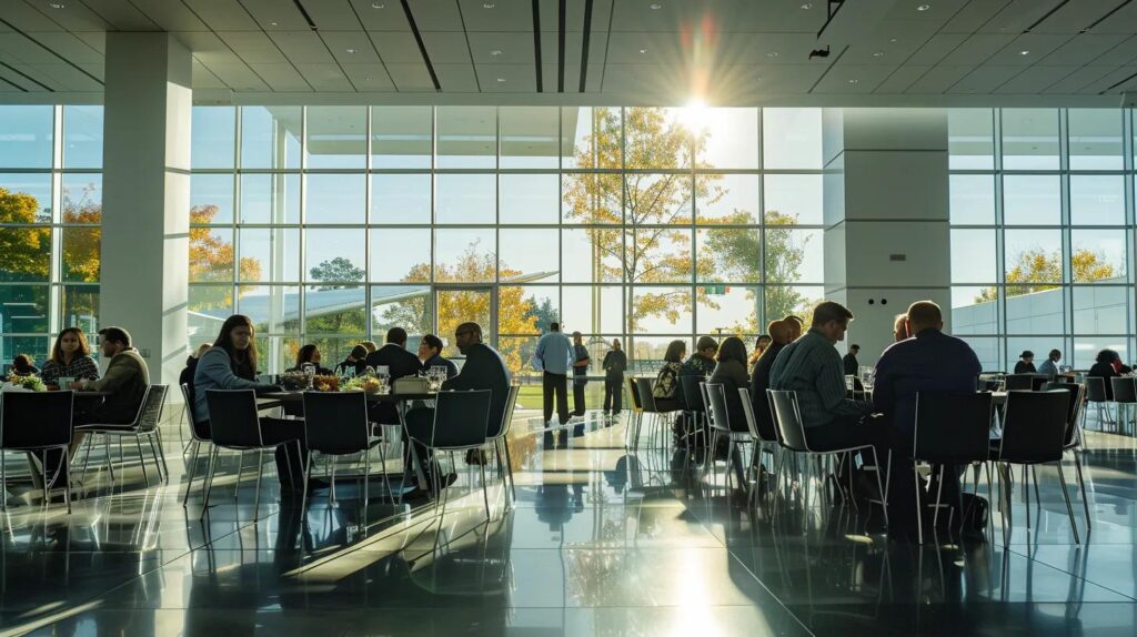 a dynamic business meeting set in a modern conference room, illuminated by natural light streaming through large windows, as diverse professionals engaged in a lively discussion about the transformative potential of iso 42001 practices.