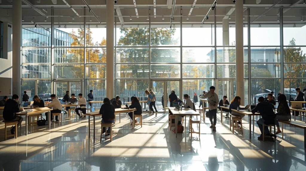 a dynamic office environment bustling with engaged employees collaborating around a large table, immersed in discussion as they strategise the implementation of iso 42001, illuminated by bright, natural light streaming through expansive windows.