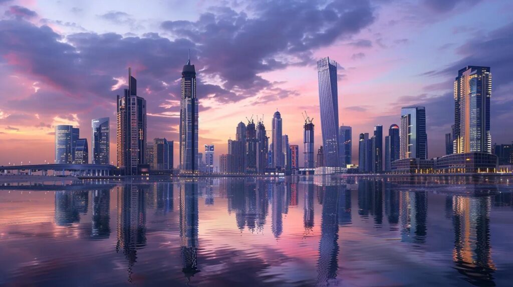 a futuristic city skyline illuminated by dawn light, symbolising business transformation through innovation and compliance with emerging standards, underscored by dynamic architectural forms and a vibrant colour palette.