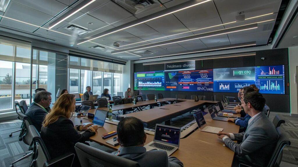 a modern boardroom bathed in natural light, featuring a large table surrounded by professionals engaging in a discussion about sustainable business practices and iso 42001 implementation, with digital screens displaying data and charts in the background.