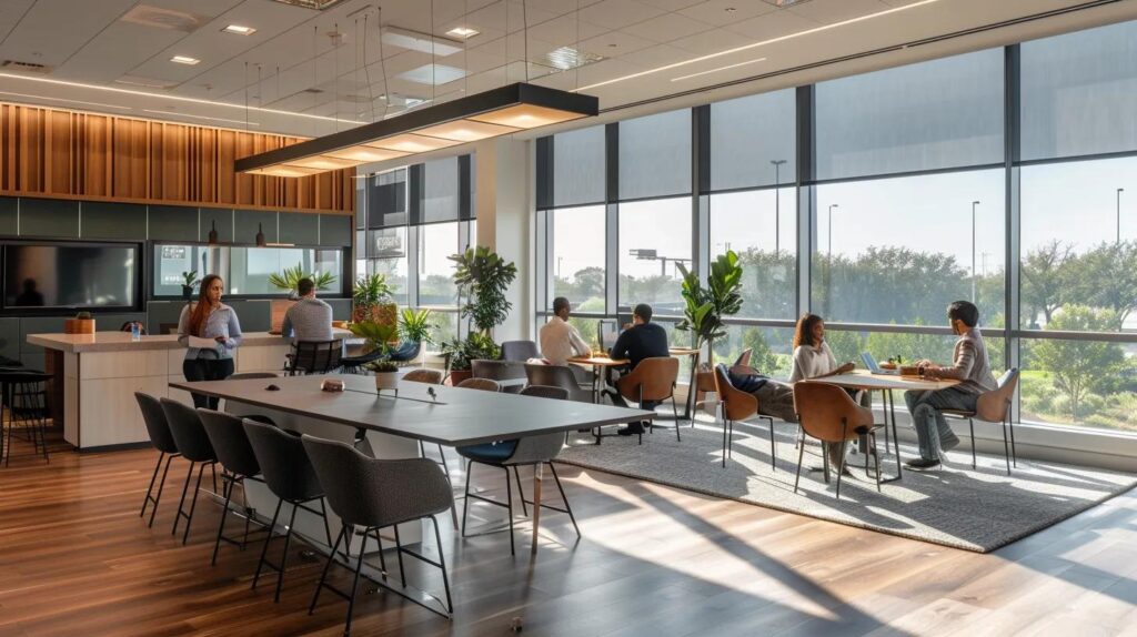 a modern office environment bathed in natural light, showcasing diverse professionals engaged in collaborative discussions around a sleek conference table, symbolising the transformative power of iso 42001 in enhancing business practices and regulatory compliance.