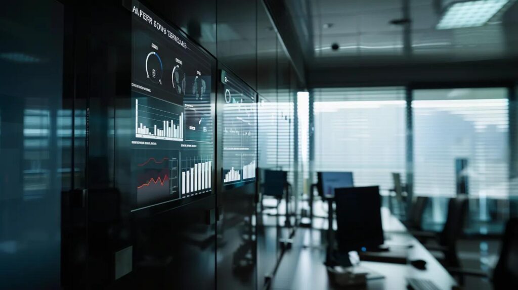 a professional auditor meticulously examines a digital dashboard displaying key performance indicators in a modern, brightly lit office, symbolising the evaluation of iso 42001 compliance and operational efficiency.