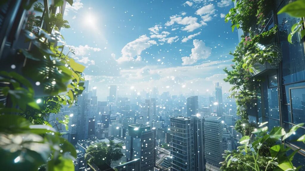 a vibrant cityscape showcasing green technology and sustainable architecture under a bright blue sky, symbolising the innovative spirit of iso 42001 in driving global sustainability practices.