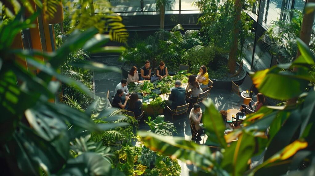 a vibrant corporate setting showcases a diverse group of professionals engaged in an animated discussion, surrounded by greenery and modern technology, symbolising the integration of iso 42001 into sustainability practices.