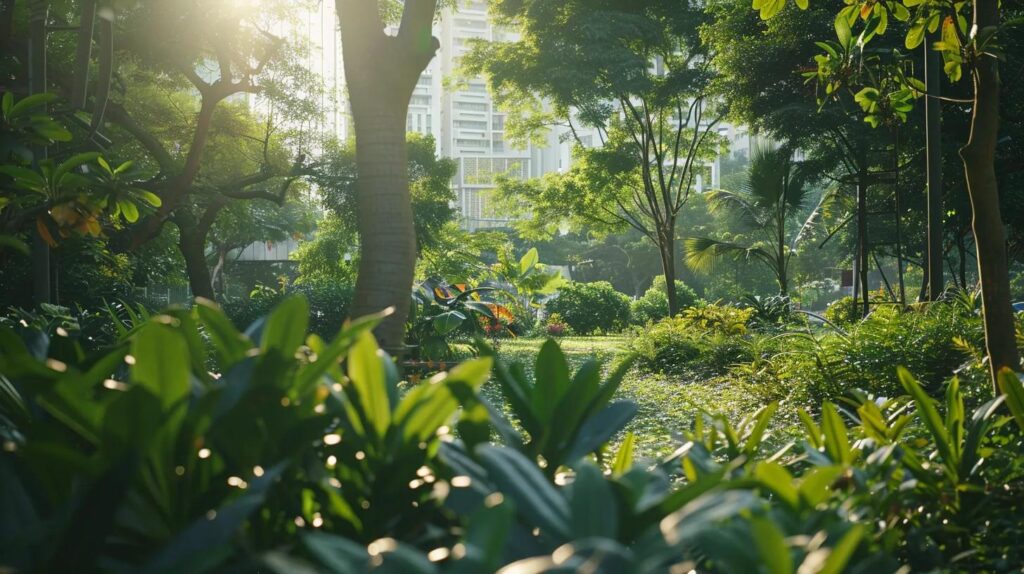 a vibrant green urban park flourishing with diverse flora and thriving wildlife, symbolising the positive impact of iso 42001 on sustainability initiatives in community environments under bright, natural sunlight.