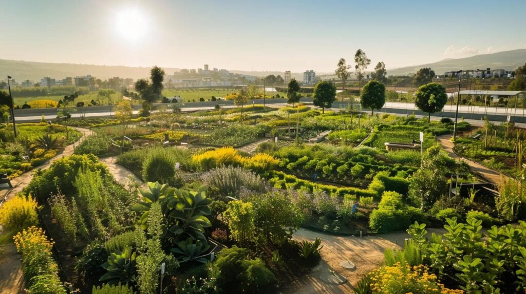 a vibrant, sunlit landscape showcases a flourishing community garden, symbolising the harmonious integration of iso 42001 sustainable practices into daily life, with lush greenery and a rich diversity of blooming flowers creating a vivid tapestry of nature's resilience.