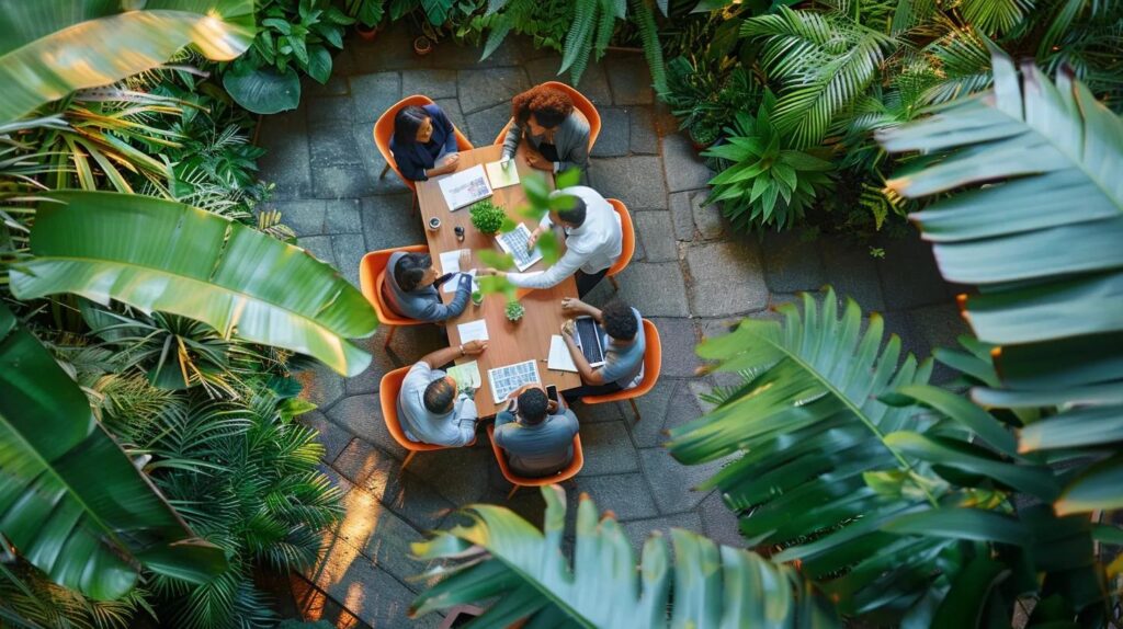 a vibrant image of a diverse group of professionals engaged in a collaborative outdoor meeting, surrounded by lush greenery, symbolising the interconnectedness of sustainability efforts between organisations and their partners.