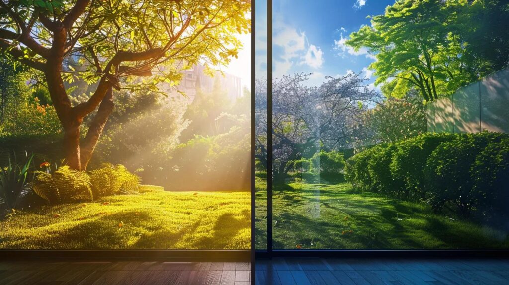 a dynamic split-image scene contrasting the innovative iso 42001 framework with traditional sustainability standards, featuring a vibrant green landscape symbolising enhanced impact assessment and trust, illuminated by warm, inviting sunlight.