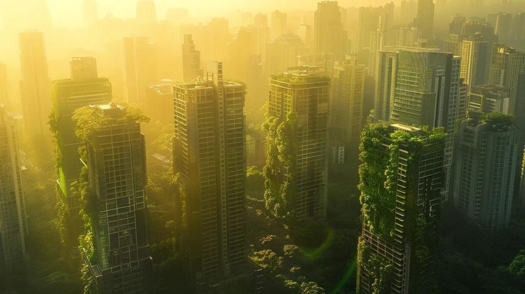 a futuristic city skyline bathed in golden sunlight, showcasing innovative green architecture and lush vertical gardens, symbolising the transformative impact of iso 42001 on sustainable development and ethical practices.
