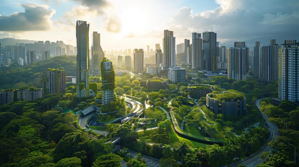 a modern, sustainable urban landscape showcases green architecture and eco-friendly infrastructure, highlighting the principles of iso 42001 in a vibrant, sunlit environment that embodies responsible development and harmony with nature.