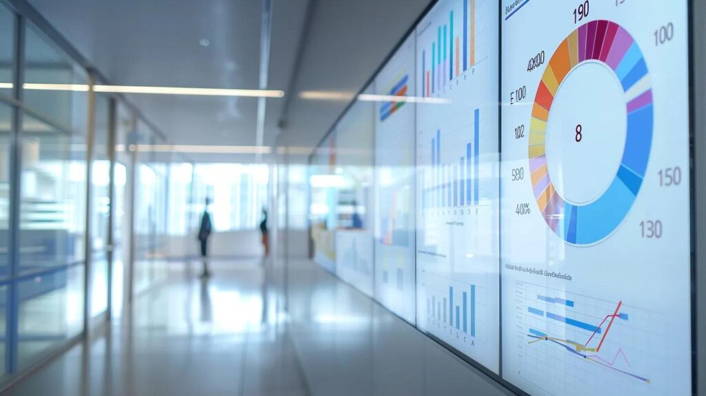 a sleek, modern office environment bathed in natural light showcases a large, interactive digital screen displaying vibrant graphs and eco-friendly icons, symbolising the transformative impact of iso 42001 on sustainability outcomes.