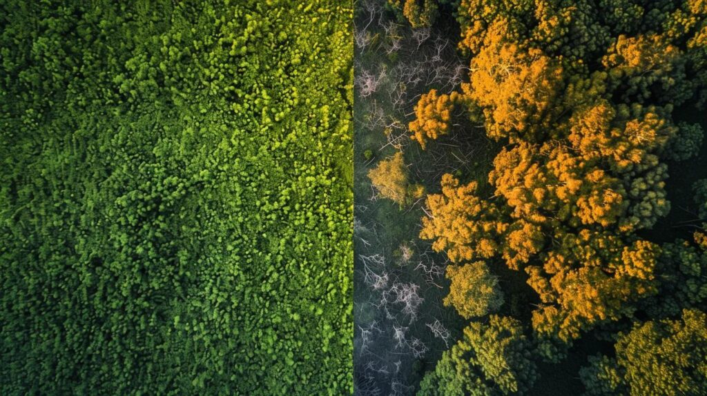 a striking contrast between a lush, vibrant landscape representing iso 42001 sustainability and a stark, deteriorating environment symbolising traditional sustainability standards, captured in golden hour light to emphasise the differences in vitality and decay.
