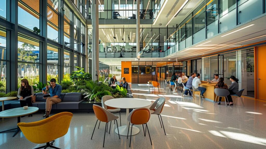 a vibrant corporate office setting, bathed in natural light, featuring diverse professionals engaged in a collaborative discussion around a large table, symbolising commitment to iso 42001 and sustainable practices.
