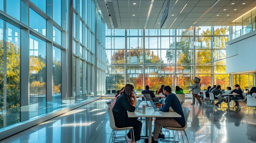 a vibrant office environment bustling with engaged employees collaborating around a modern conference table, illuminated by soft natural light filtering through large windows, symbolising a dynamic culture of compliance and innovation aligned with iso 42001.
