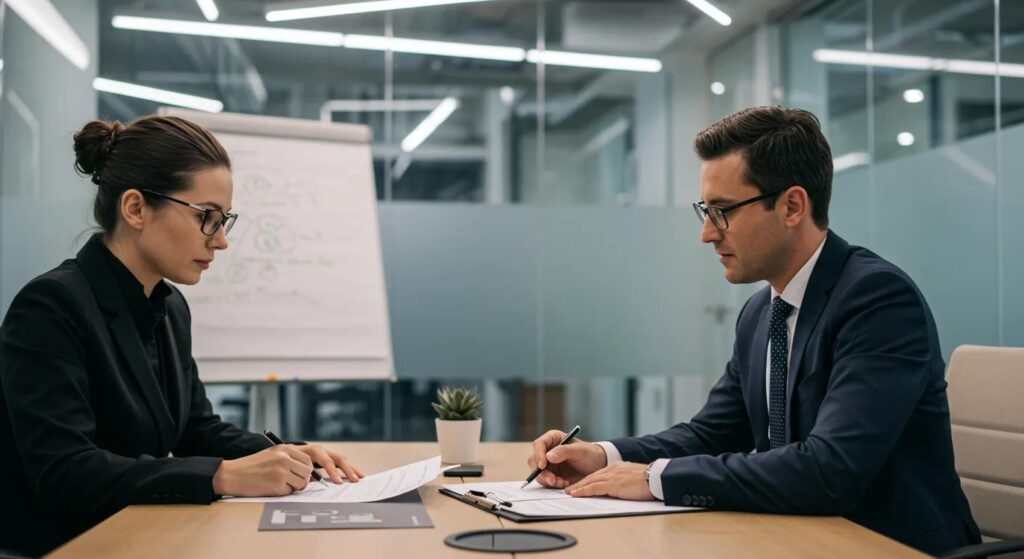 ein fokussiertes büro mit einem auditor, der aufmerksam geordnete iso 9001 dokumente auf einem modernen konferenztisch prüft, während ein sanftes künstliches licht die ernsthafte atmosphäre des auditprozesses betont.