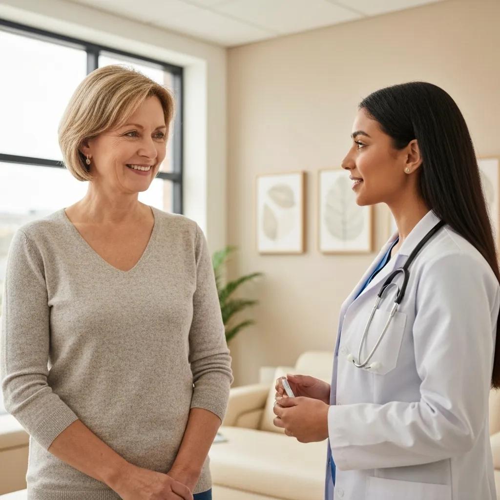 Ältere Patientin und Ärztin im Gespräch, Gesundheitsversorgung und Patientenbetreuung im Kontext von ISO 9001-Zertifizierung.