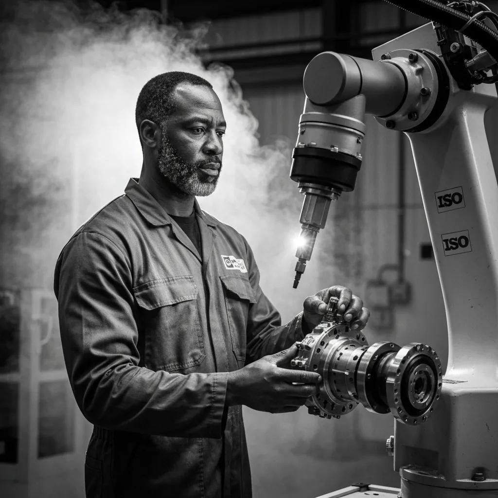 Mann in Arbeitskleidung, der ein mechanisches Bauteil in einer industriellen Umgebung hält, mit einem ISO-zertifizierten Roboterarm im Hintergrund, symbolisiert die Bedeutung von ISO 45001 für Sicherheit und Prävention am Arbeitsplatz.