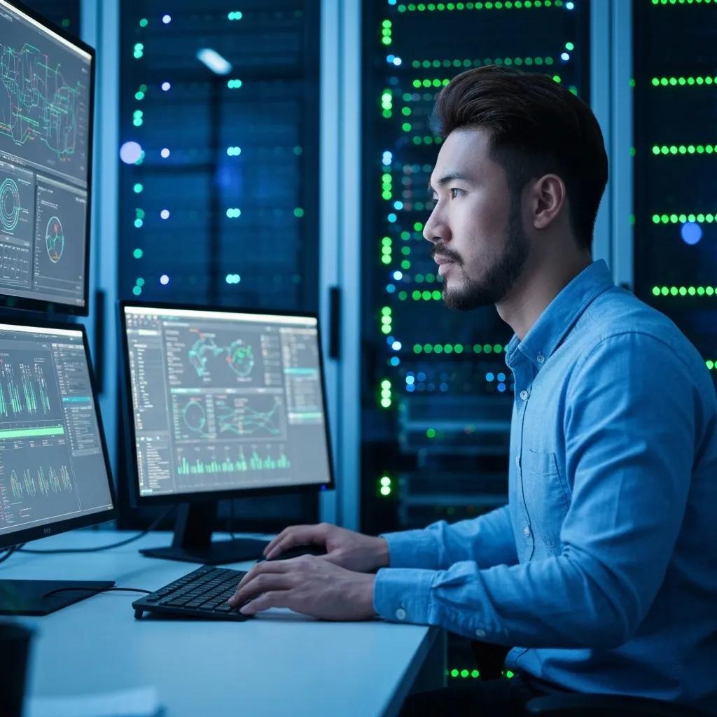 Cybersecurity professional monitoring data in a secure server room for ISO 27001 compliance
