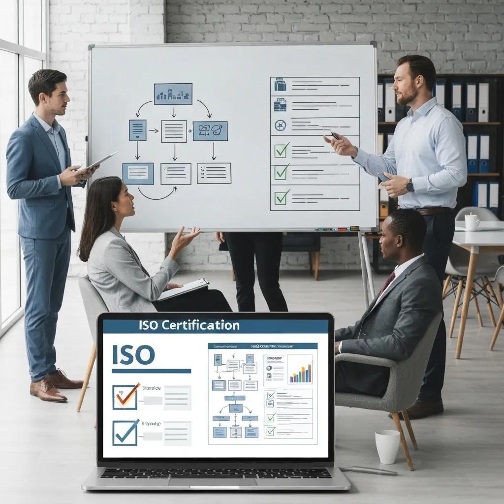 Visual representation of the ISO certification process steps in an office setting