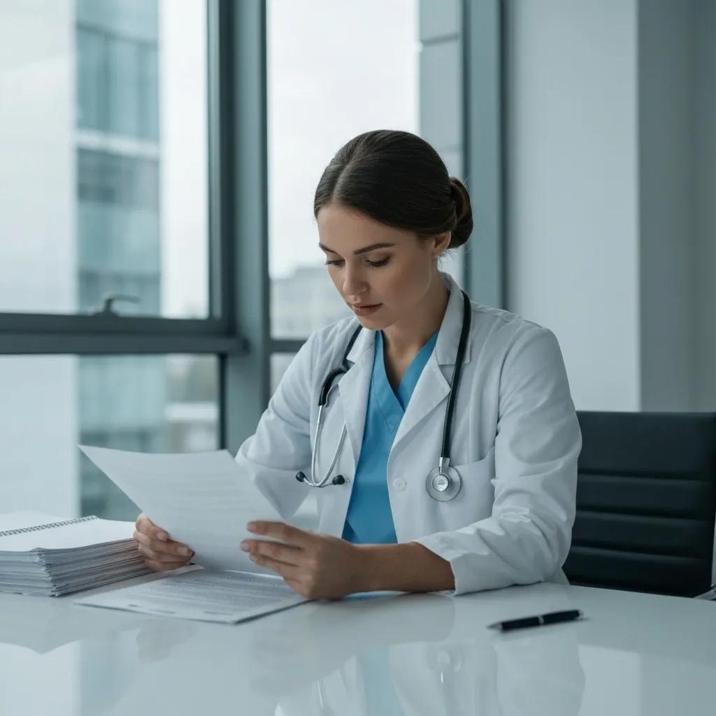 Ärztin in weißem Kittel, mit Stethoskop, liest Dokumente am Schreibtisch, Hintergrund mit Fenstern, symbolisiert Qualität und Standards im Gesundheitswesen.