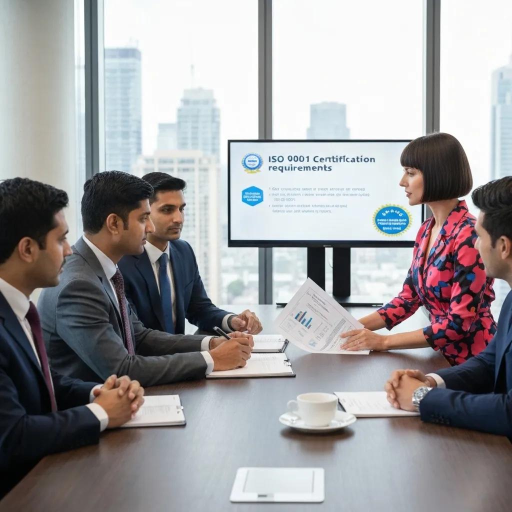 Business professionals discussing the importance of ISO 9001 certification