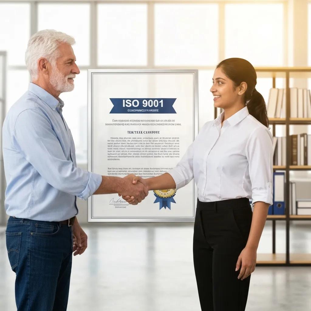 Customer and business representative shaking hands in front of an ISO 9001 certificate, symbolizing trust