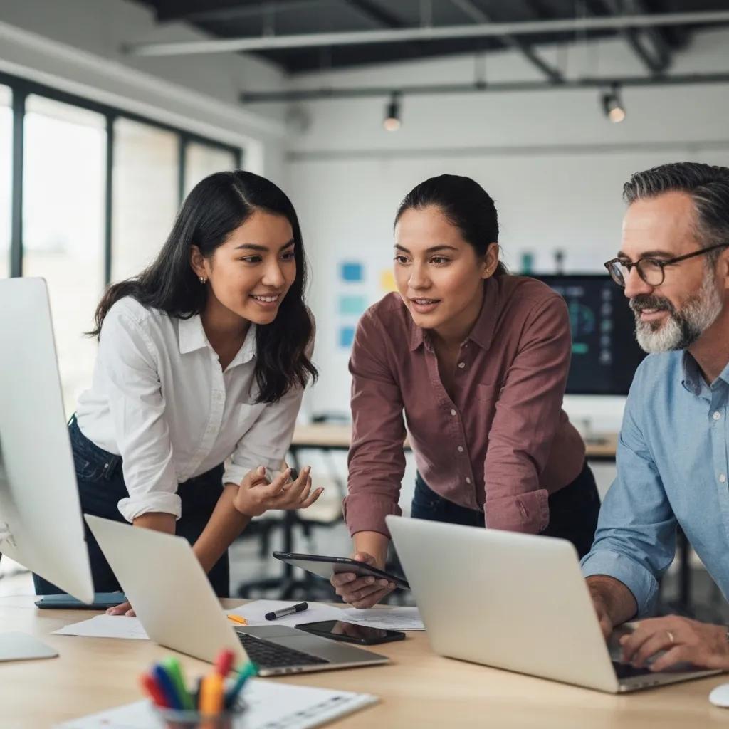 Business professionals collaborating on ISO 9001 certification in a modern office