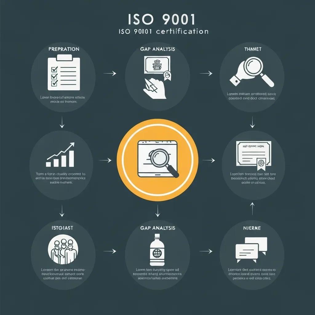 Step-by-step process of ISO 9001 certification with icons representing each phase