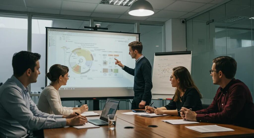 eine dynamische büroszene zeigt ein team von fachleuten, die konzentriert an einem konferenztisch sitzen und lebhaft über die bewertung und priorisierung von auditfeststellungen gemäß iso 9001 diskutieren, während auf einem großen bildschirm diagramme und prioritätslisten projiziert sind.