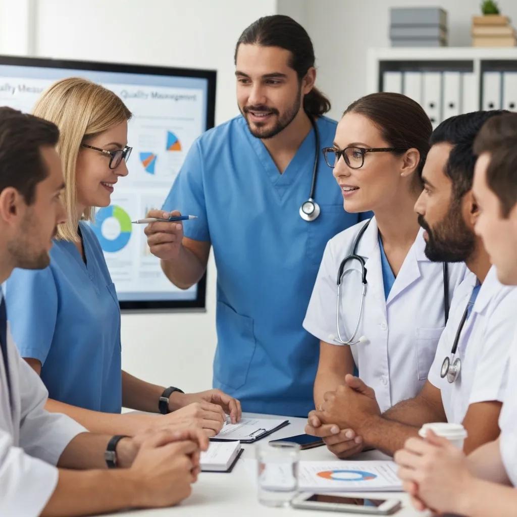 Medizinisches Team in Besprechung über Qualitätsmanagement und ISO-Standards, Diagramme im Hintergrund, Fokus auf Zusammenarbeit und Patientensicherheit.