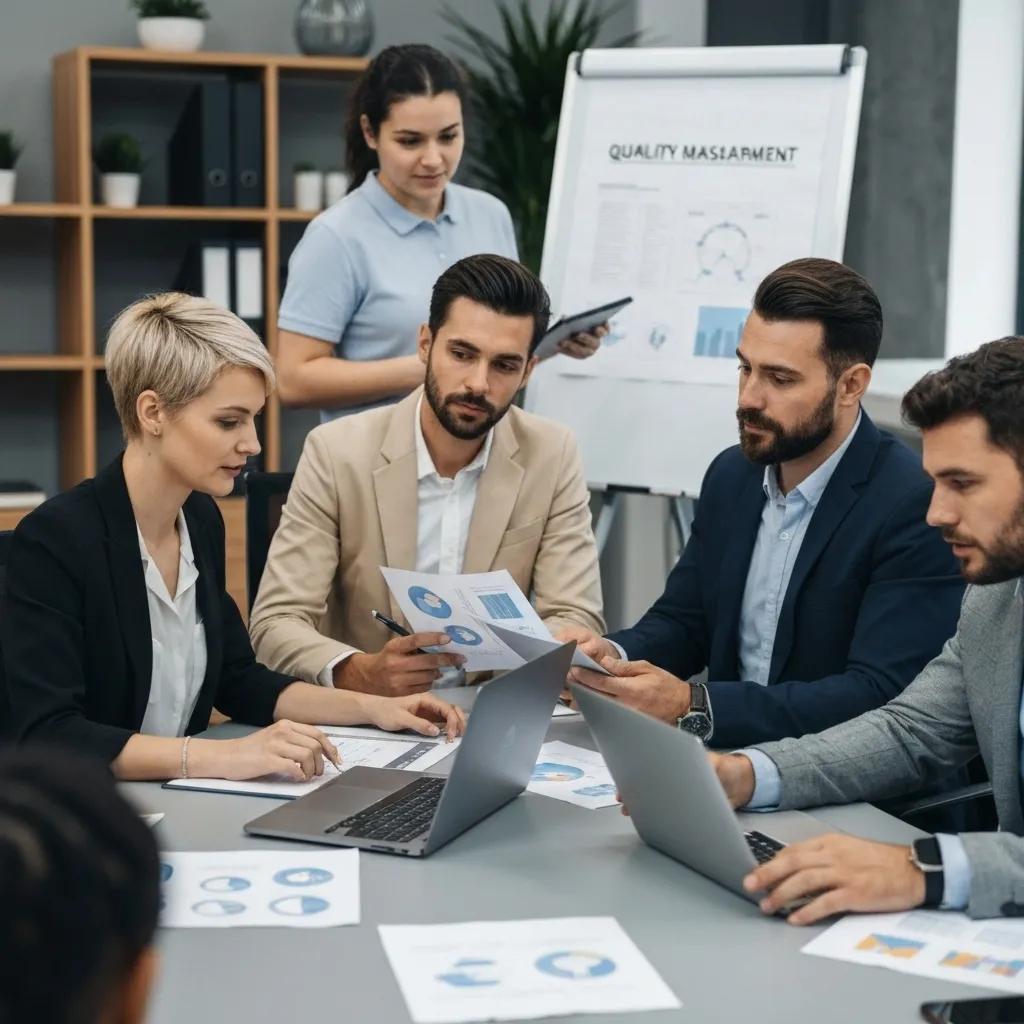Business professionals collaborating on ISO 9001 quality management in a modern office