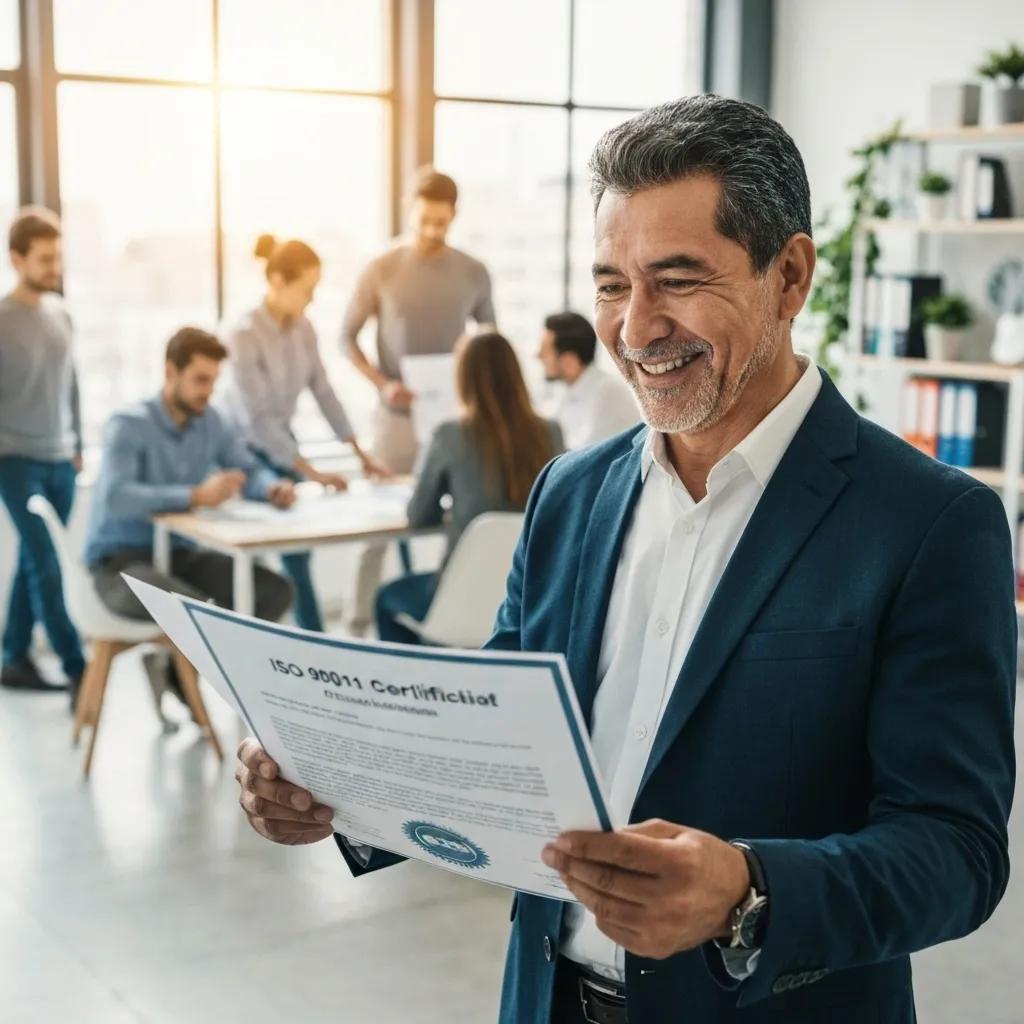 Business owner celebrating ISO 9001 certification benefits in a thriving workplace