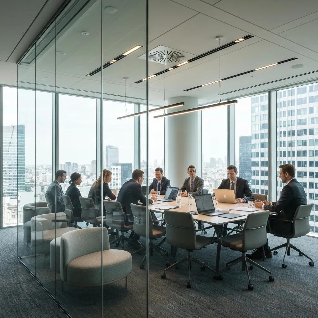 Business professionals discussing ISO certification in a modern conference room