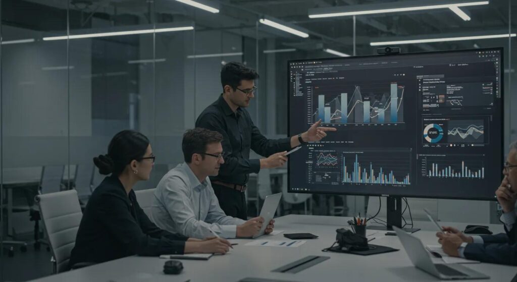 eine moderne büroumgebung zeigt ein team von fachleuten, die engagiert am konferenztisch um einen bildschirm versammelt sind, während sie gemeinsam komplexe diagramme und datenvisualisierungen zur analyse von iso 9001 auditergebnissen diskutieren.