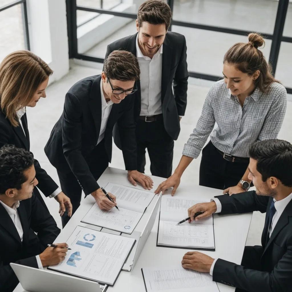 Business professionals collaborating on ISO 9001 quality management system