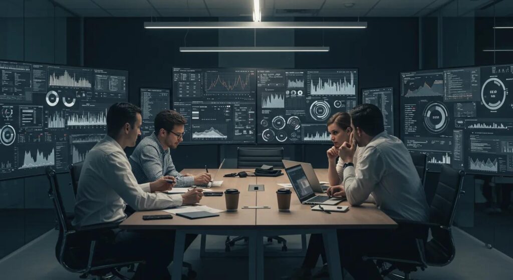 in einem modernen bürorraum, wo ein team engagiert um einen großen tisch sitzt, analysieren sie konzentriert daten und diagramme zur verbesserung der iso 9001 auditergebnisse, während digitale displays mit grafiken und statistiken im hintergrund leuchten.