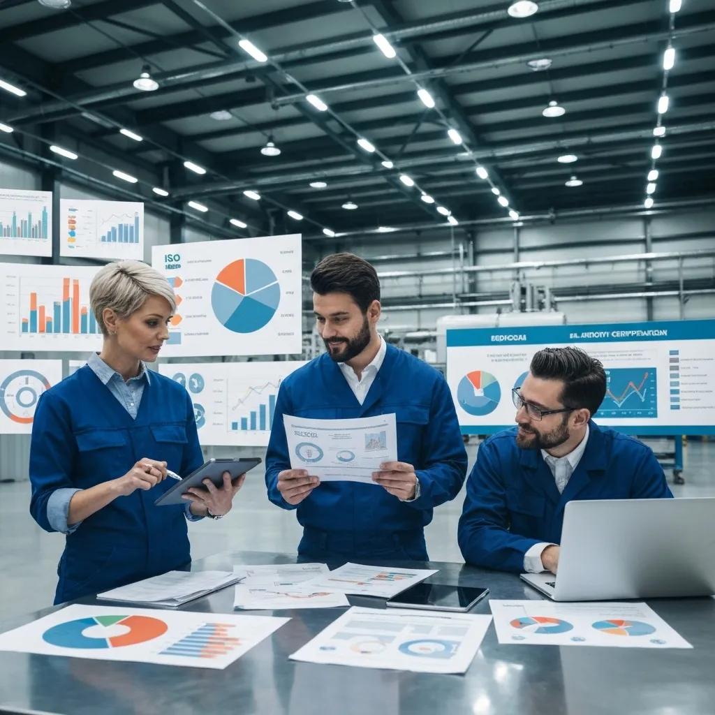 Industrial workers collaborating on ISO standards and quality management
