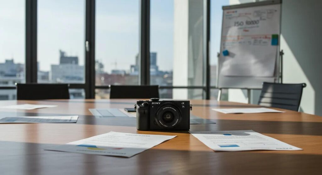 eine professionelle büroszene zeigt einen klar strukturierten konferenztisch, der mit aktuellsten iso 9001-dokumenten ordentlich organisiert ist, während helles, einladendes licht durch große fenster strömt und den fokus auf die bedeutung eines effektiven qualitätsmanagementsystems legt.