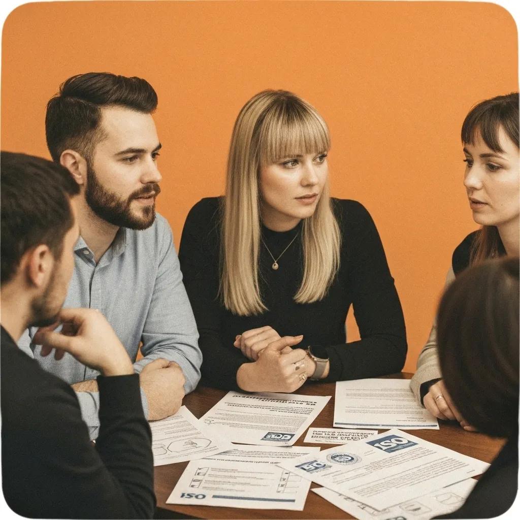 Business professional reviewing documents during the ISO certification process