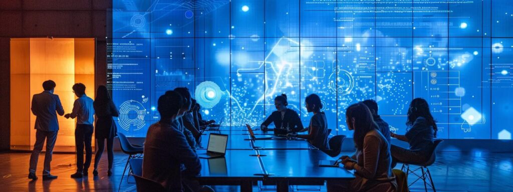 eine dynamische büroszene zeigt ein engagiertes team von fachleuten, die an einem großen tisch um einen laptop versammelt sind, während auf dem bildschirm grafiken und datenanalysen zur kontinuierlichen verbesserung des ki-managementsystems präsentiert werden.