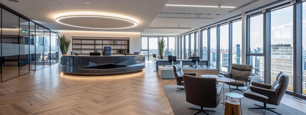 ein modernes, elegantes büro mit innovativer technologie im vordergrund, wo ein team von fachleuten in einer strategischen besprechung sitzt, um die wettbewerbsvorteile und marktpositionierung durch die iso 42001 zertifizierung zu erörtern, wobei ein großes fenster einen klaren blick auf eine pulsierende stadtlandschaft im hintergrund bietet.