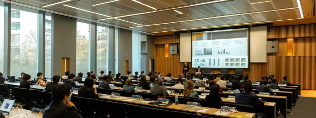 eine moderne konferenzraumansicht mit einem großformatigen bildschirm, auf dem prägnante grafiken und statistiken der iso 9001 auditergebnisse zur effektiven analyse präsentiert werden, umgeben von fachleuten in angeregter diskussion.