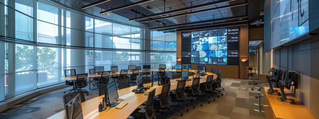 eine modern gestaltete büroumgebung mit eleganten konferenztischen und hochauflösenden bildschirmen, die die ethischen standards und gesellschaftliche verantwortung der iso 42001 zertifizierung visuell thematisieren, während ein team in angeregter diskussion über die zukunft der ki-entwicklung sitzt.