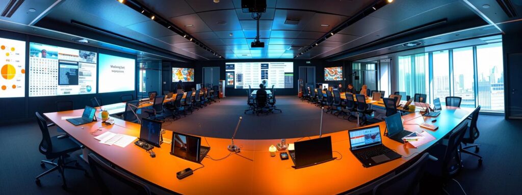ein moderner meetingraum mit einem großen konferenztisch, auf dem umfangreiche dokumentationsunterlagen und digitale geräte verteilt sind, während mitarbeiter engagiert über herausforderungen und lösungen zur iso 9001 nachweisführung diskutieren, um eine effiziente zusammenarbeit zu visualisieren.