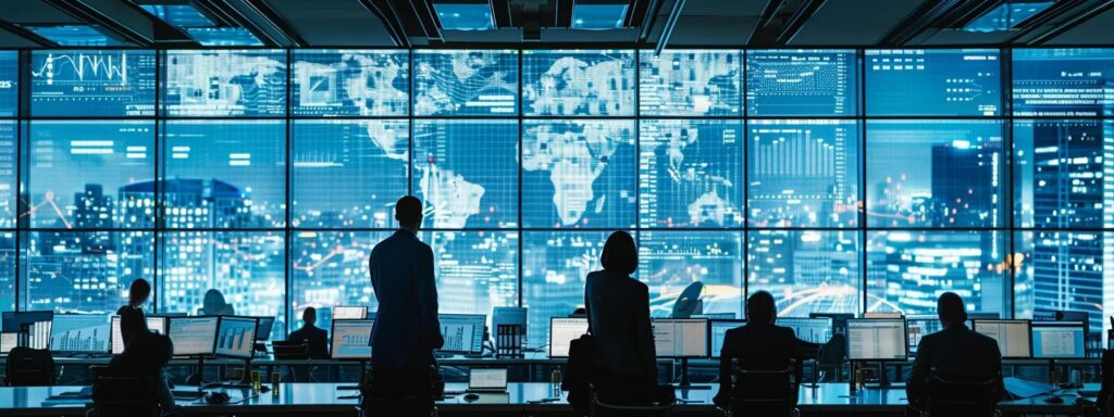 eine moderne büroumgebung zeigt einen dynamischen austausch zwischen fachleuten, die strategische pläne für die kontinuierliche verbesserung nach der iso 42001 zertifizierung diskutieren, während digitale diagramme und analysen auf großen bildschirmen im hintergrund sichtbar sind.