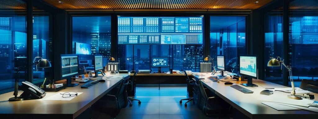 ein modernes büro mit einem klar strukturierten schreibtisch, auf dem umfangreiche iso 42001-dokumente sorgfältig angeordnet sind, während im hintergrund ein großer bildschirm komplexe daten zur qualitätssicherung zeigt.