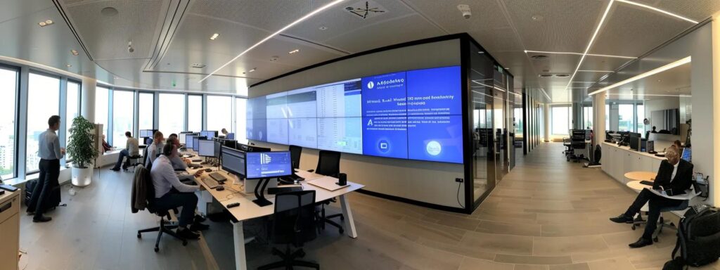 ein modernes büro mit einem großen bildschirm, der das dokumentationssystem nach iso 9001 zeigt, während engagierte mitarbeiter inmitten von digitalen tools und dokumenten intensiv an internen audits arbeiten.