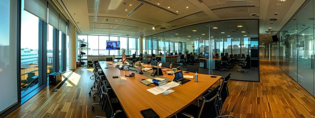 ein modernes büro mit einem großen konferenztisch, auf dem strukturierte dokumente und digitale geräte sorgfältig angeordnet sind, symbolisiert die effiziente umsetzung eines qualitätsmanagementsystems gemäß iso 9001.