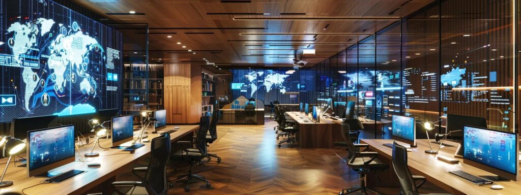 ein modernes büro mit zeitgemäßer technik, in dem fachleute konzentriert an computern arbeiten, während klare diagramme zur iso 42001 auf einem großen bildschirm angezeigt werden.