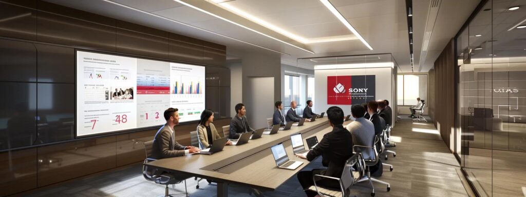 ein professionell gestalteter besprechungsraum mit einem konferenztisch, an dem auditoren und unternehmensvertreter konzentriert über dokumente und einen laptop diskutieren, während ein großes whiteboard mit diagrammen und audit-notizen im hintergrund sichtbar ist.